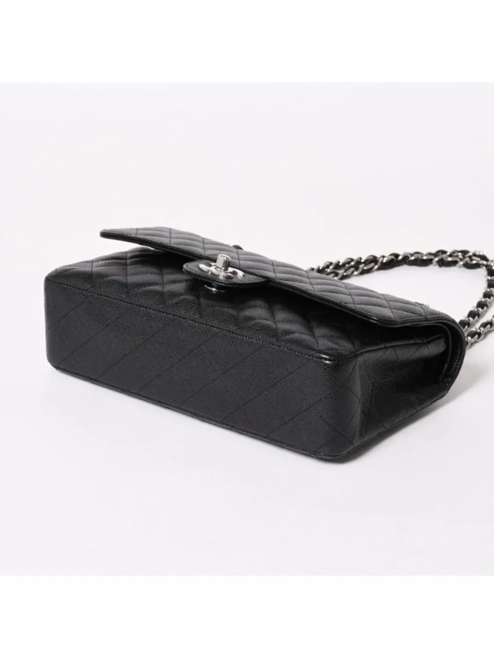 Chanel Quilted 25 Double Flap Chain Shoulder Bag CC Logo Caviar Leather Black